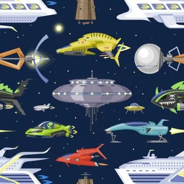 Spaceship vector spacecraft or rocket and spacy ufo illustration set of spaced Stock Illustration