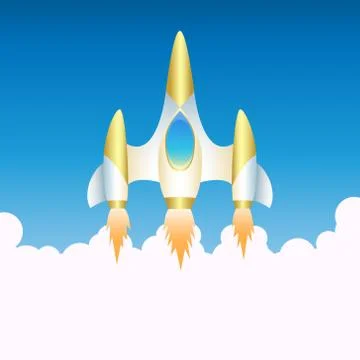 Spaceship. Vertical start of shuttle in smoke clubs. Image for children. Space Stock Illustration