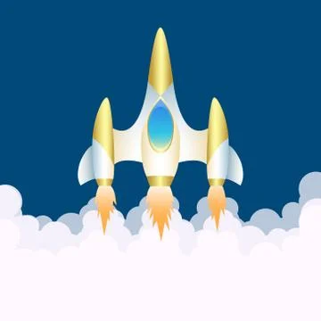 Spaceship. Vertical start of shuttle in smoke clubs. Image for children. Space Stock Illustration