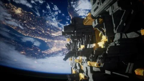 Spaceship with View on Space and Planet Earth Stock Illustration