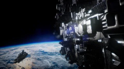 Spaceship with View on Space and Planet Earth Stock Illustration
