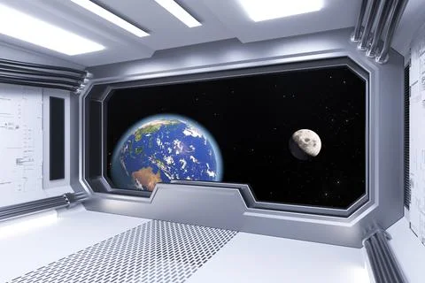 Spaceship White Room Interior with View on Space and Earth Planet. Elements o Stock Illustration