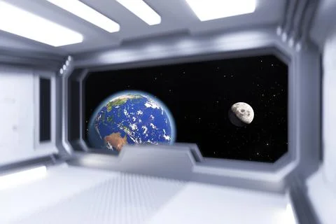 Spaceship White Room Interior with View on Space and Earth Planet. Elements o Stock Illustration