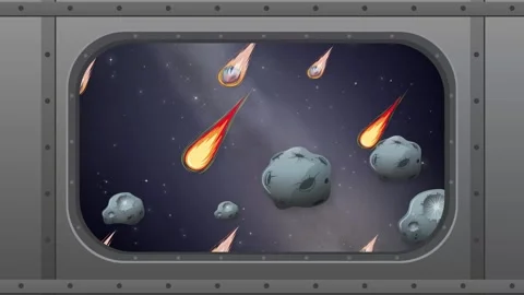 Spaceship Window View of Asteroids and Falling Meteors in Space Animation Stock Footage 345300893