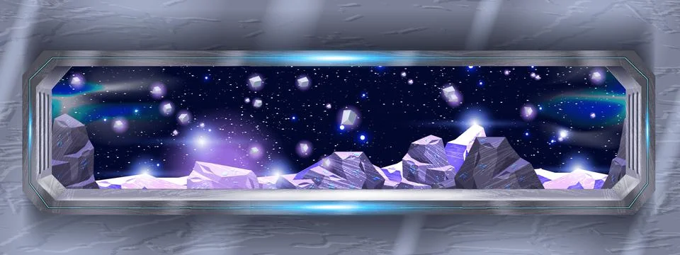 Spaceship window view, future spacecraft interior, vector alien planet rock Stock Illustration