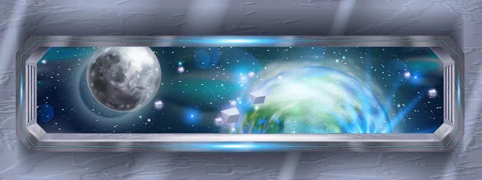 Spaceship window view, future spacecraft interior, vector Earth planet, moon Ilustração Stock