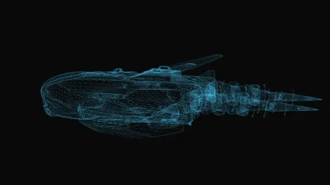 Spaceship wireframe scheme. 3d render with blue grid lines. Loop rotation Stock Footage 281599509