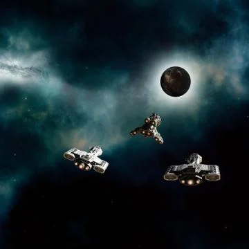 Spaceships Approaching a Dark Planet Illustrazione stock