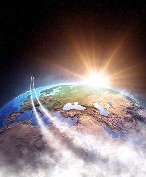 Spaceships around the World. Comets orbiting planet Earth. Stock Illustration