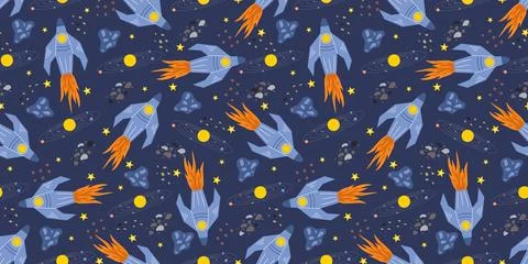 Spaceships in outer space seamless background for kids Illustrazione stock