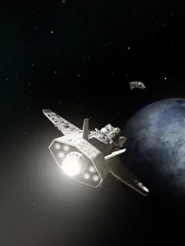 Spaceships Passing on Planetary Approach Stock Illustration