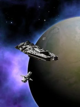 Spaceships Passing on Planetary Approach Stock Illustration