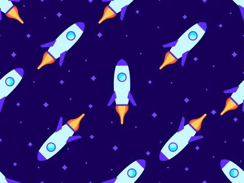 Spaceships seamless pattern. Orbital launch vehicle. Space rockets in flat .. 스톡 일러스트