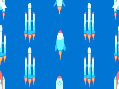 Spaceships seamless pattern. Orbital launch vehicle. Space rockets in flat .. Stock Illustration