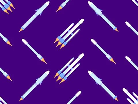 Spaceships seamless pattern. Orbital launch vehicle. Space rockets in flat .. Illustrazione stock