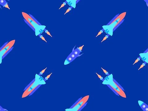 Spaceships seamless pattern. Orbital launch vehicle. Space rockets in flat .. Stock Illustration