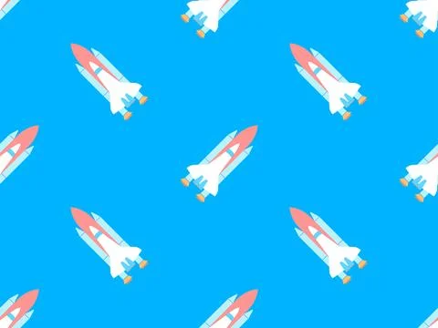 Spaceships seamless pattern. Orbital launch vehicle. Space rockets in flat .. Stock Illustration