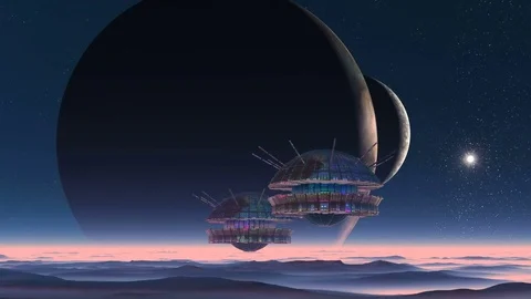 Spaceships, Two Moons And Alien Planet Stock Footage 70712085