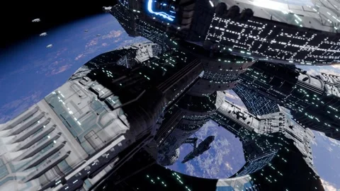 Spacestation in orbit above a plnet in deep space with spaceships Stock Footage 270703664