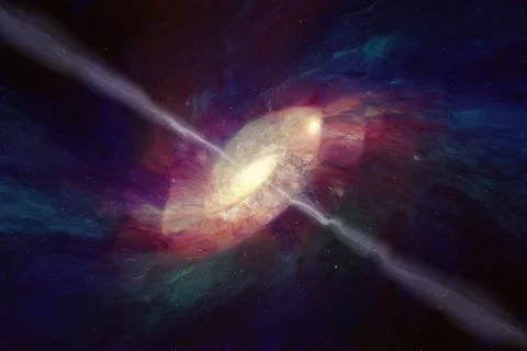 Spacetime warping concept, black hole absorbs spiral galaxy in deep space Stock Photos