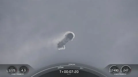 SpaceX Falcon 9 booster from CRS-21 Cygnus travelling back to landing zone Stock Footage 281242338