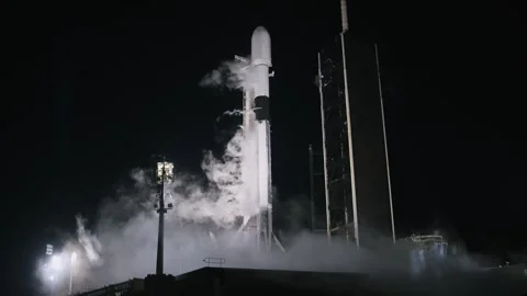 SpaceX Falcon 9 rocket carrying Nova-C lunar lander launching from Kennedy Space Stock Footage 265459135