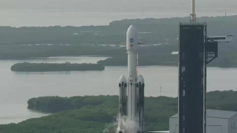 SpaceX Falcon Heavy Rocket carrying NASA's Psyche spacecraft ready for launch Stock Footage 295929026