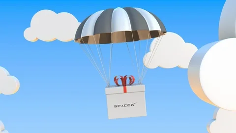 SPACEX logo on moving box moves under parachute. Editorial loopable 3D animation Stock Footage 123109911