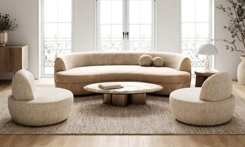 Spacious and airy boho chic living room with curved sofa and natural light from Stock-Illustration
