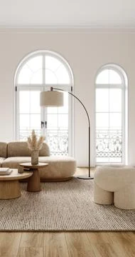 Spacious and airy boho chic living room with curved sofa and natural light from Illustrazione stock