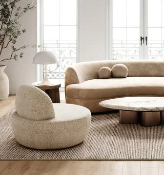 Spacious and airy boho chic living room with curved sofa and natural light from Ilustración de archivo