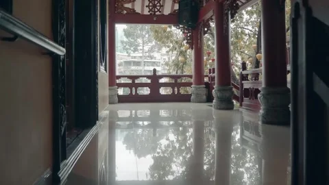 A spacious balcony of Chua Phap Hoa Buddhist temple with marble floor Stock Footage 330899506