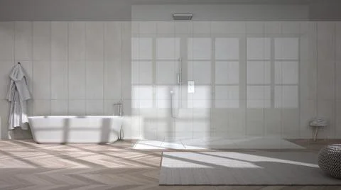 Spacious bathroom in beige tones with herringbone parquet floor, walk-in show Stock Illustration