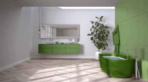 Spacious bathroom in green tones with herringbone parquet floor, close-up, fr Stock Illustration