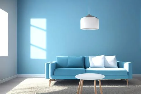 A spacious blue room with a blue sofa. Domestic room with big windows. Stock Illustration