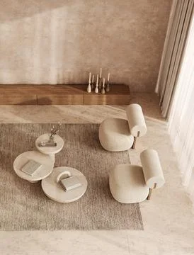 Spacious boho scandinavian interior with unique seating and wooden accents, 3d Illustration