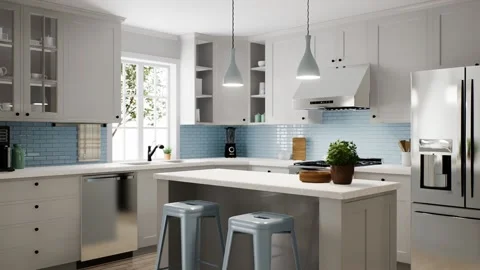 Spacious bright kitchen with a blue apron and blue chairs. 3d animation. Stock Footage 237718155