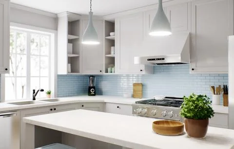 Spacious bright kitchen with a blue apron and blue chairs. 3d rendering. 스톡 일러스트