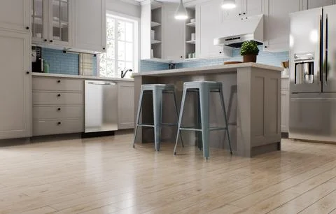 Spacious bright kitchen with a blue apron and blue chairs. 3d rendering. 스톡 일러스트