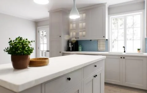 Spacious bright kitchen with a blue apron and blue chairs. 3d rendering. Stock Illustration