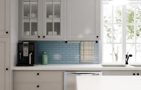 Spacious bright kitchen with a blue apron and blue chairs. 3d rendering. 스톡 일러스트