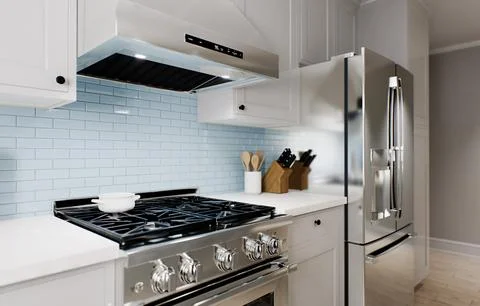 Spacious bright kitchen with a blue apron and blue chairs. 3d rendering. Stockillustratie