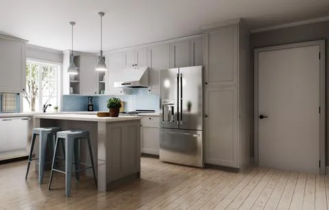 Spacious bright kitchen with a blue apron and blue chairs. 3d rendering. Stock-Illustration