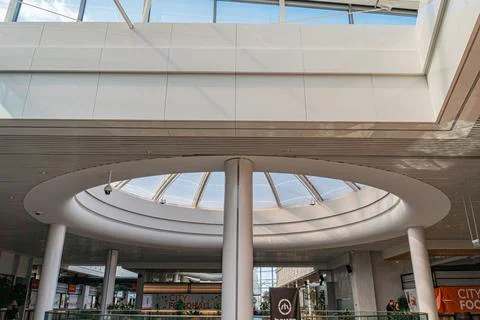 Spacious, circular shopping center interior with a large skylight in Kyiv N.. Stock Photos
