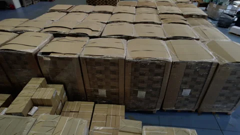 Spacious containerboard production warehouse with finished products Video stock 290515788