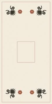 A spacious cream layout presents balanced black botanical emblems and small.. Stock Illustration