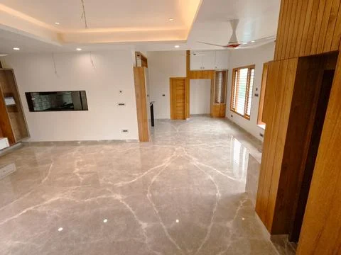 Spacious Empty 3BHK Apartment Interior with Natural Light and Modern Layout Stock Photos