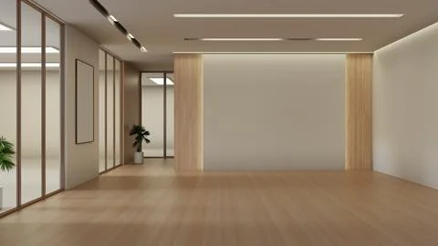 Spacious Empty Modern Hall Interior with Hardwood Floor and Wood Wall Accents Stock Illustration