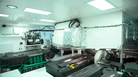 Spacious engine room of a maxi yacht Stock Footage 58657942