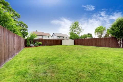 Spacious fenced backyard with shed Stock Photos